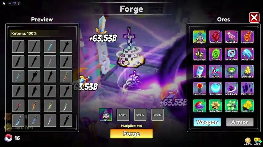 Apex input and Katana preview in the Loot To Forge weapon forge